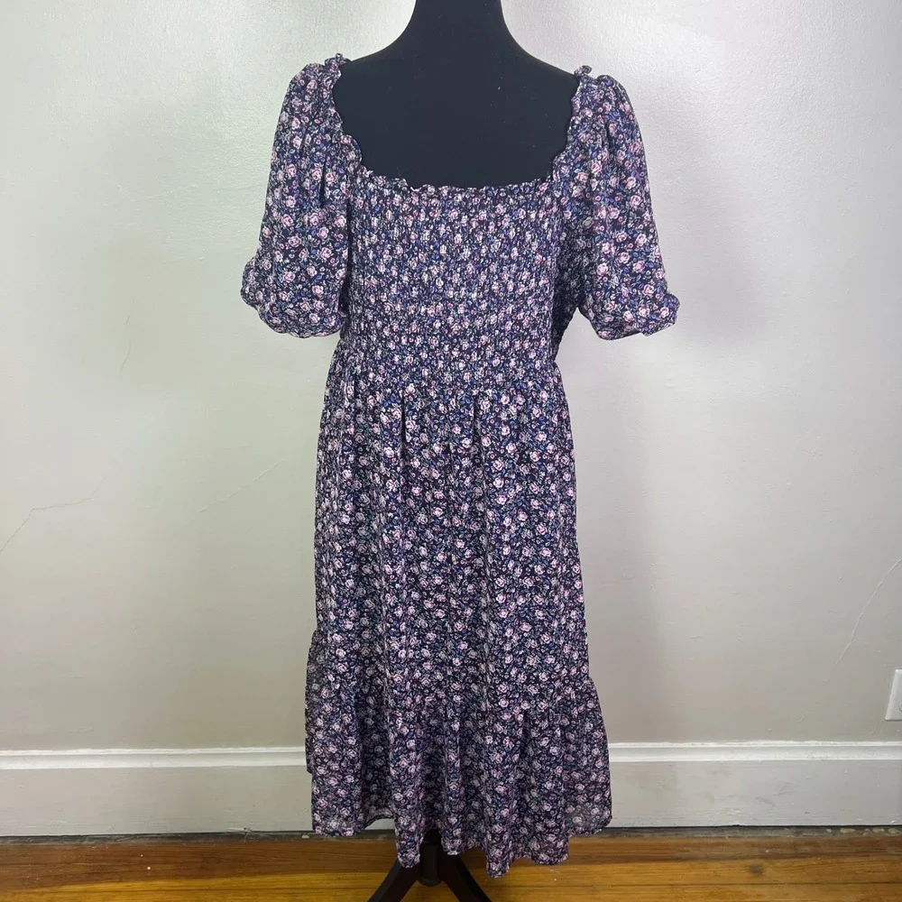 Lauren Conrad Floral Midi Dress XXL Square Neck Smocked Pink Blue - Picture 4 of 9